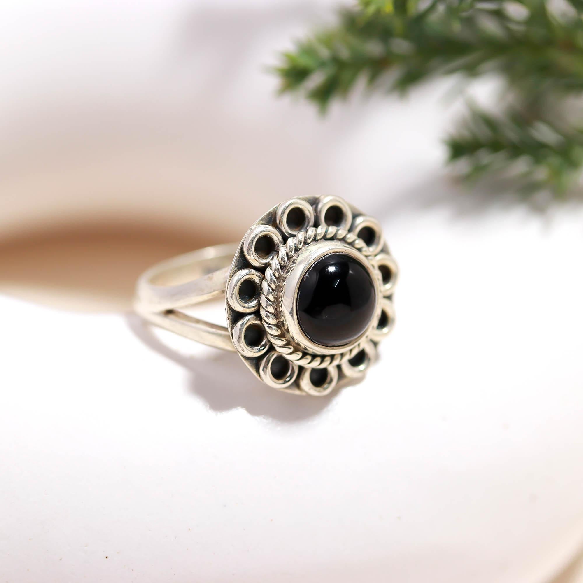 925 Sterling Silver Black Onyx Ring – Round Brilliant Gemstone with Oxidised Turkish Finish