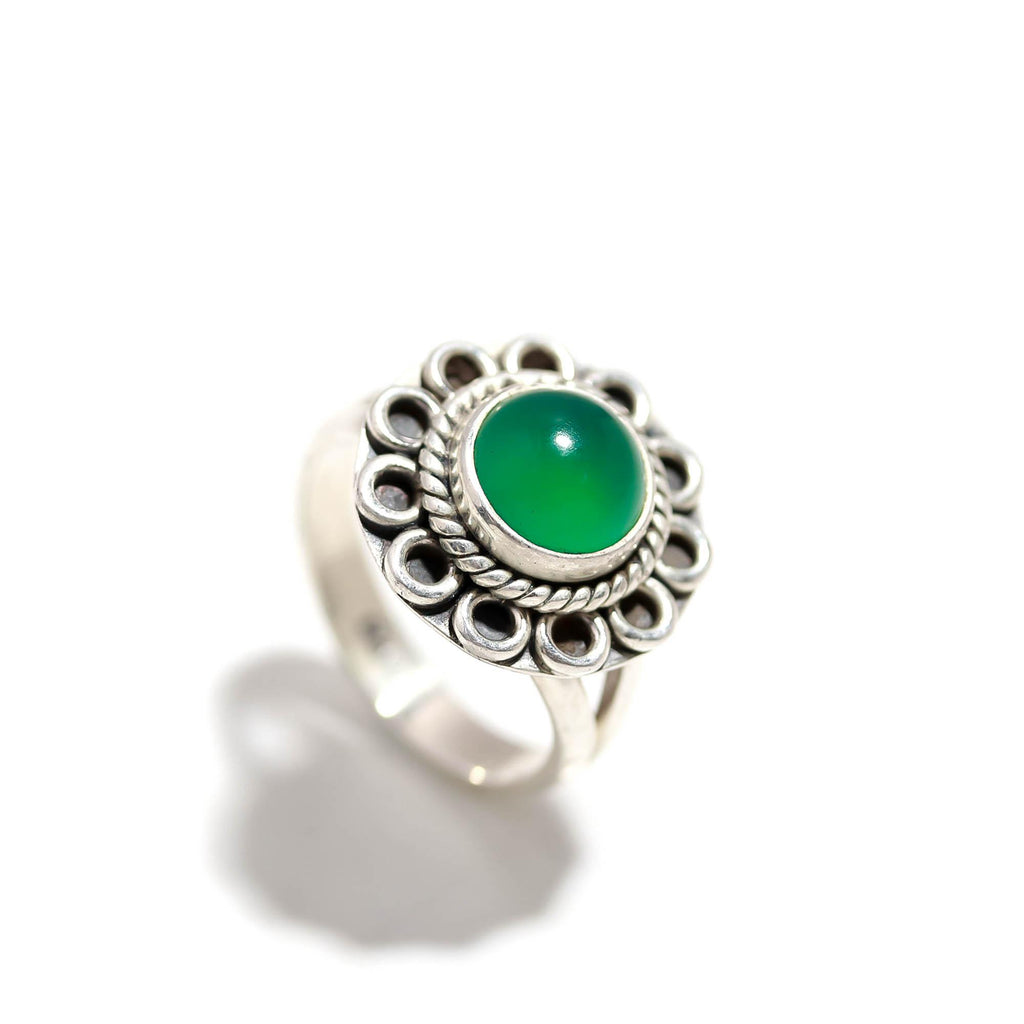 925 Sterling Silver Green Onyx Ring – Round Brilliant Gemstone with Oxidised Turkish Finish