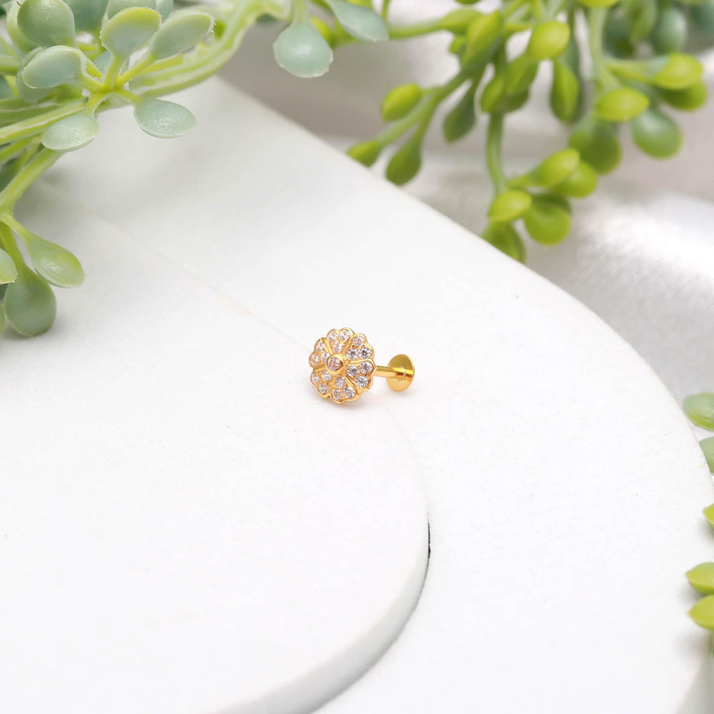 Premium 18K Gold Nose Stud Round Brilliant CZ Diamond Look  Nose Ring