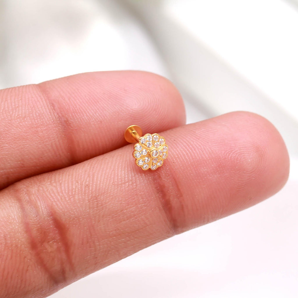 Premium 18K Gold Nose Stud Round Brilliant CZ Diamond Look  Nose Ring