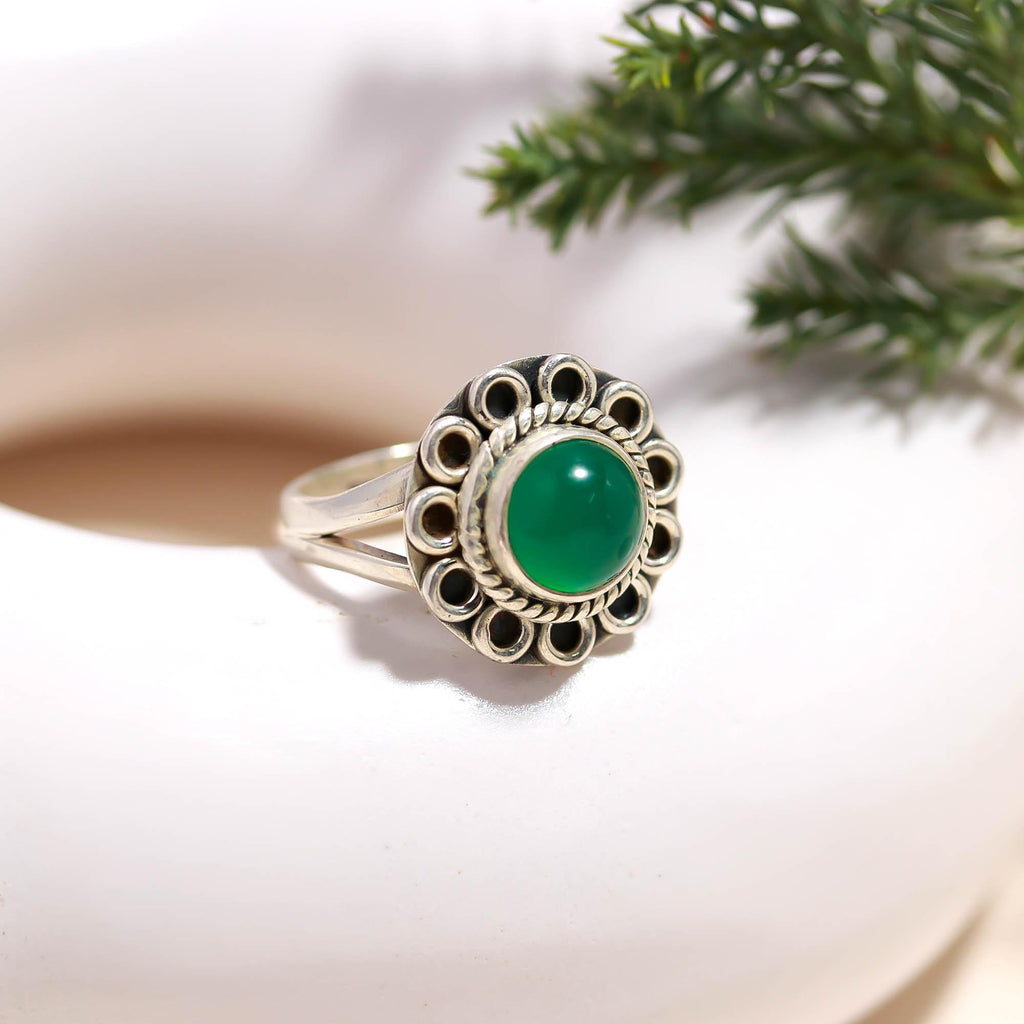 925 Sterling Silver Green Onyx Ring – Round Brilliant Gemstone with Oxidised Turkish Finish