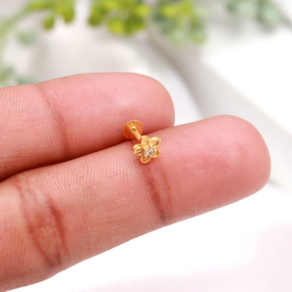 18K Gold Nose Stud Round Brilliant CZ Diamond Look Minimalist Nose Ring