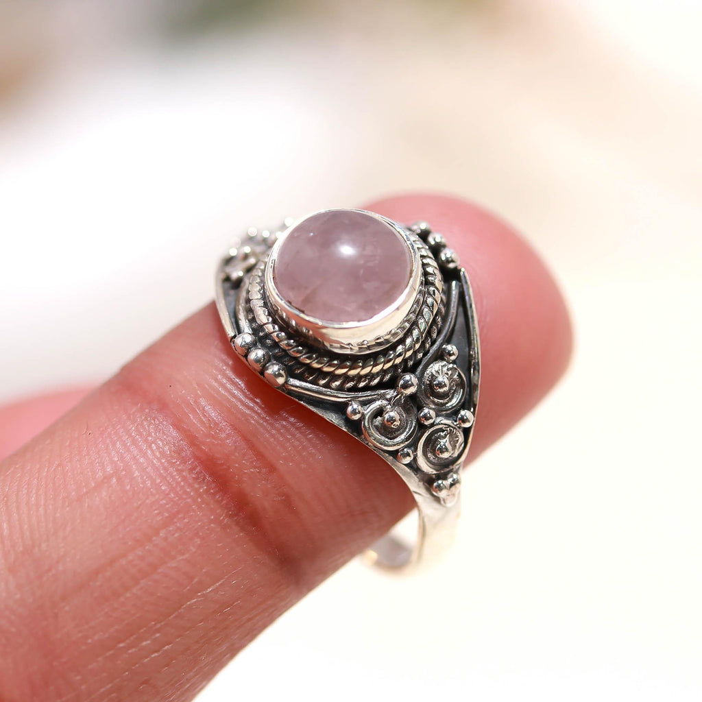 925 Sterling Silver Rose Quartz Ring – Round Brilliant Gemstone Vintage Jewellery