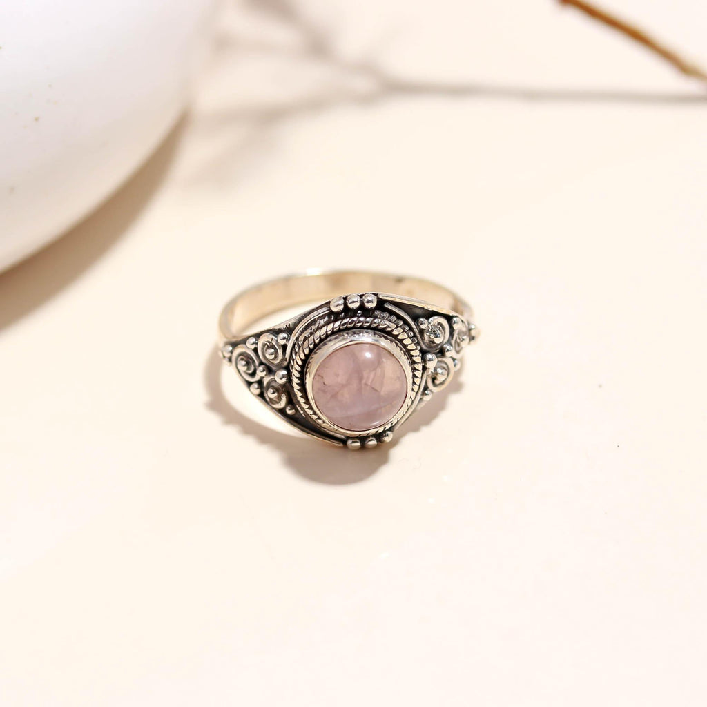 925 Sterling Silver Rose Quartz Ring – Round Brilliant Gemstone Vintage Jewellery