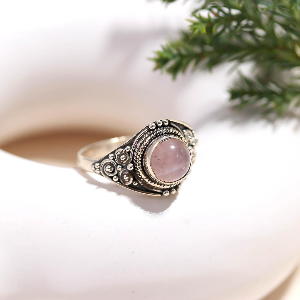 925 Sterling Silver Rose Quartz Ring – Round Brilliant Gemstone Vintage Jewellery
