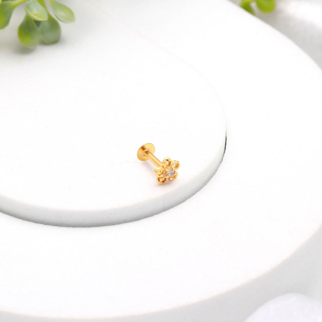 18K Gold Nose Stud Round Brilliant CZ Diamond Look Minimalist Nose Ring
