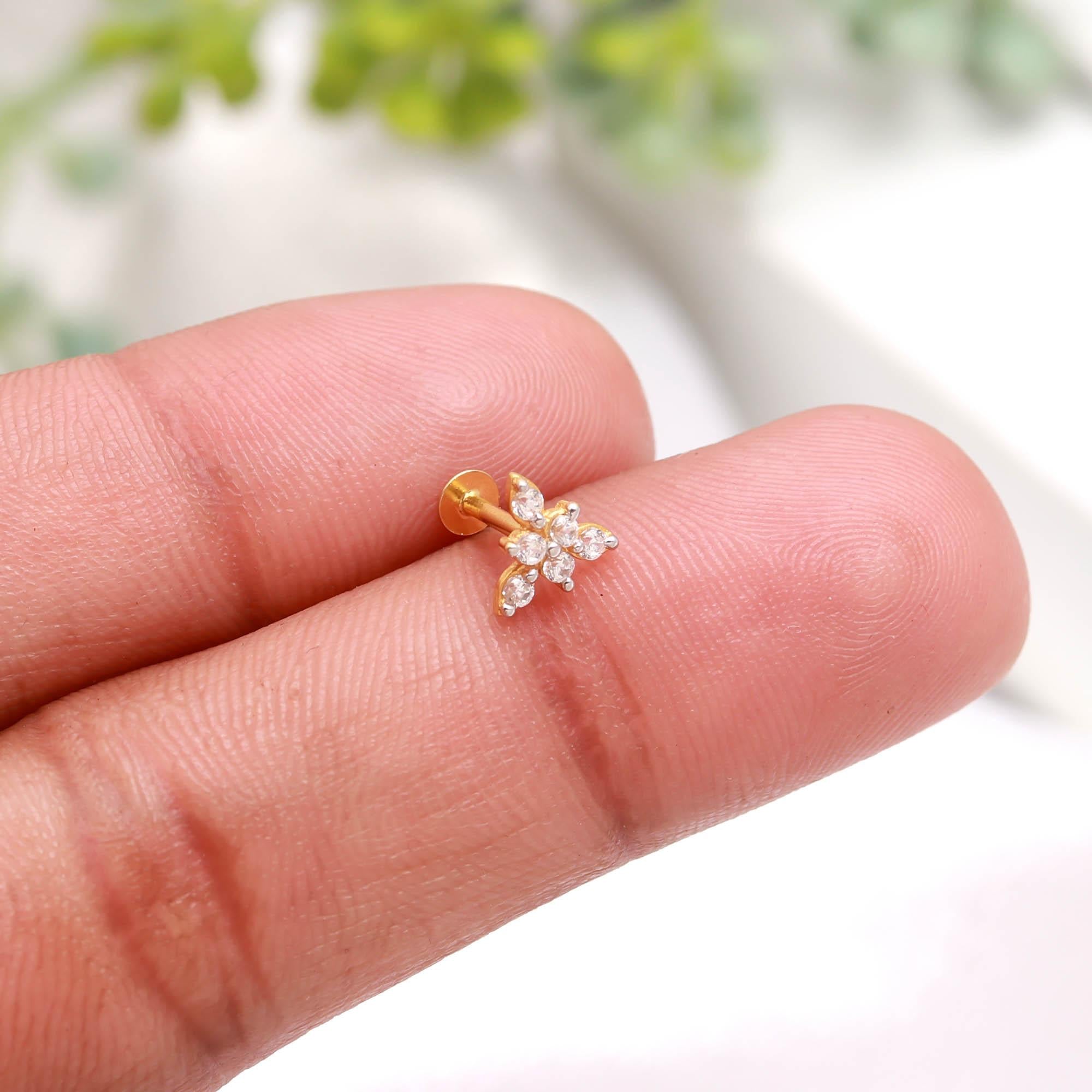 18KT Gold Diamond Look CZ Nose Ring Round Brilliant Designer Nose Stud