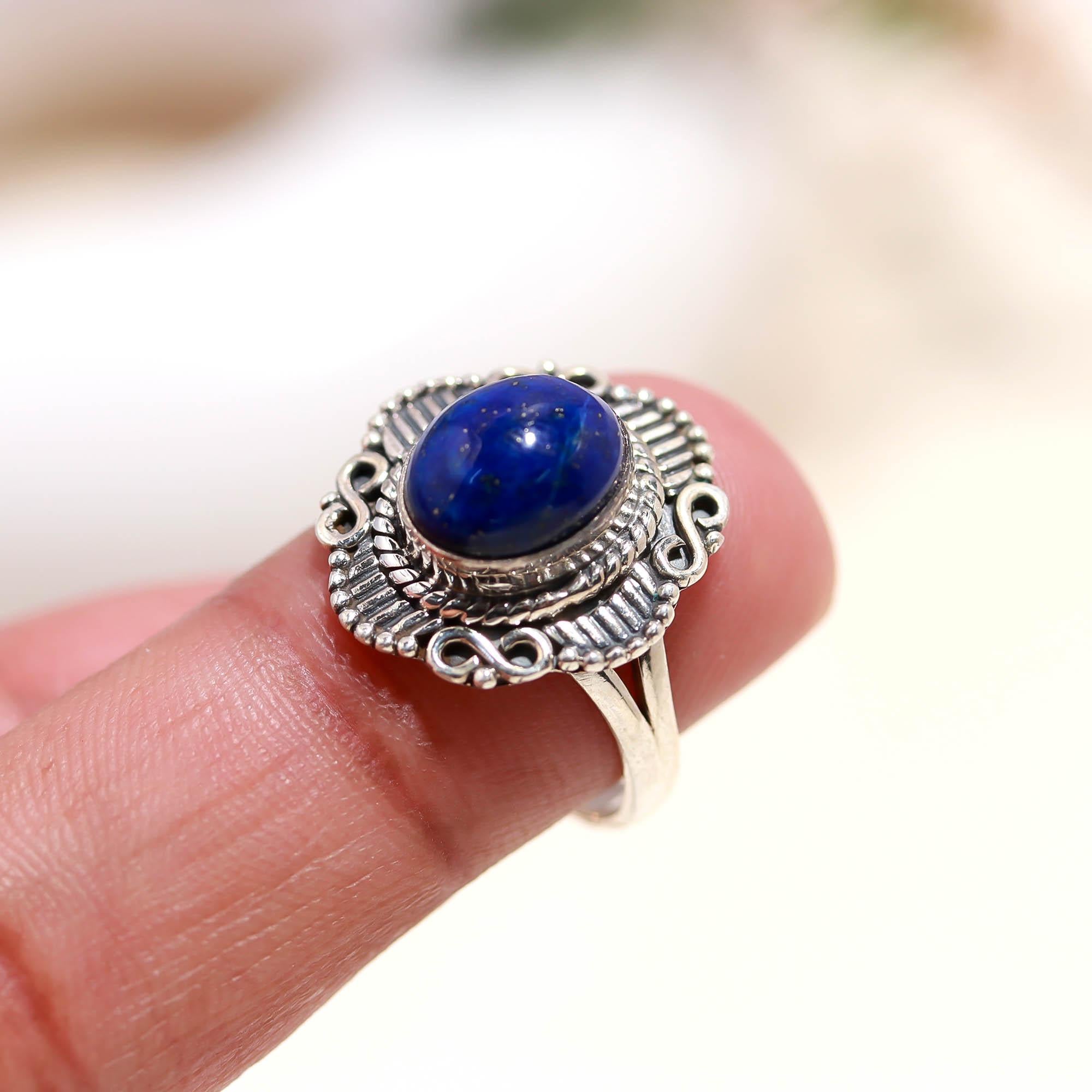 925 Sterling Silver Lapis Lazuli Ring – Oval Brilliant Gemstone Boho Vintage Jewellery