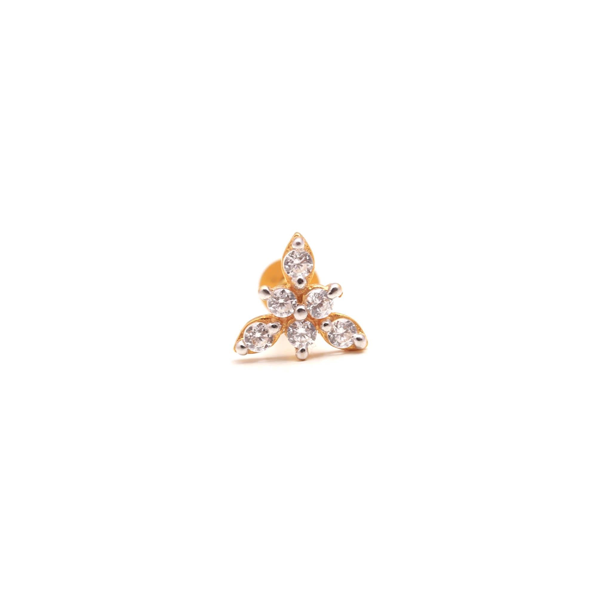 18KT Gold Diamond Look CZ Nose Ring Round Brilliant Designer Nose Stud