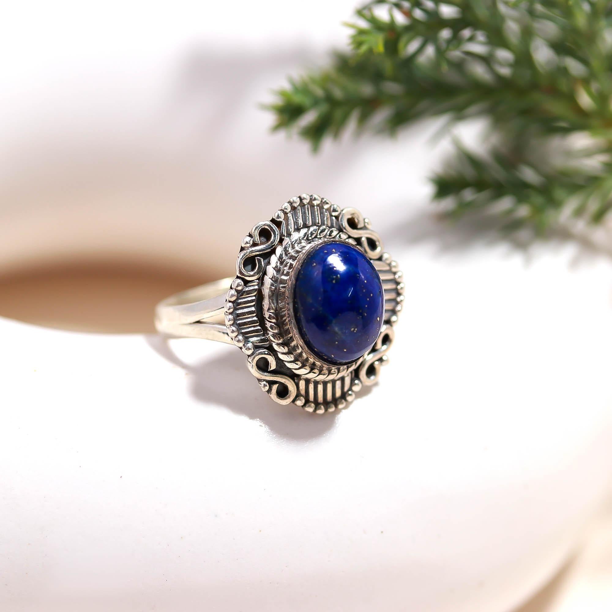 925 Sterling Silver Lapis Lazuli Ring – Oval Brilliant Gemstone Boho Vintage Jewellery
