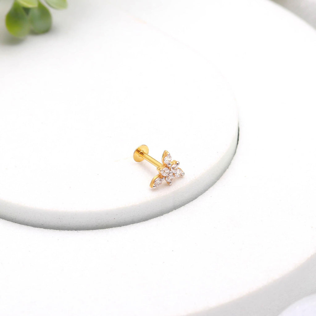 18KT Gold Diamond Look CZ Nose Ring Round Brilliant Designer Nose Stud