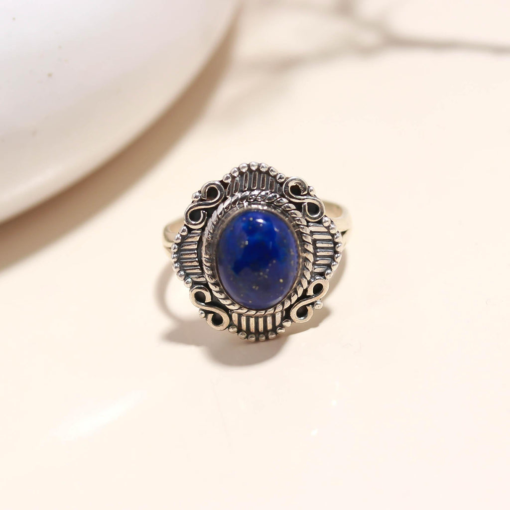 925 Sterling Silver Lapis Lazuli Ring – Oval Brilliant Gemstone Boho Vintage Jewellery
