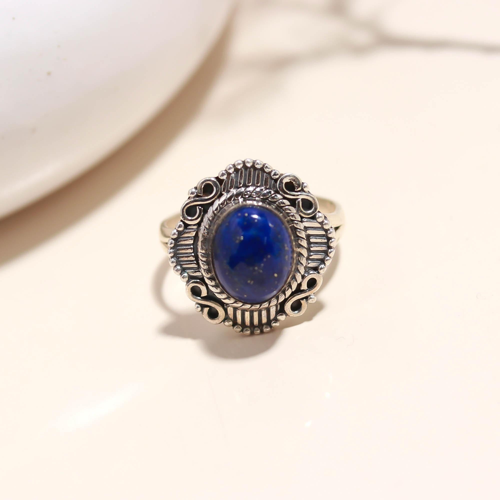 925 Sterling Silver Lapis Lazuli Ring – Oval Brilliant Gemstone Boho Vintage Jewellery