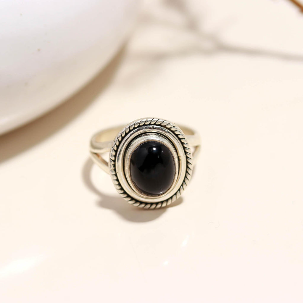 925 Sterling Silver Black Onyx Ring – Oval Brilliant Gemstone with Oxidised Turkish Finish