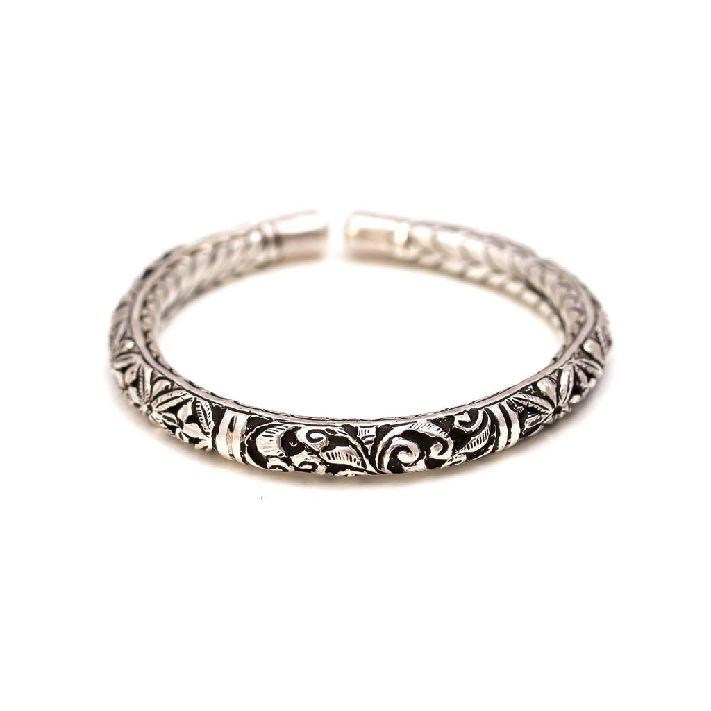 Engraved Floral Sterling Silver Cuff Bangle Handmade Adjustable Bracelet
