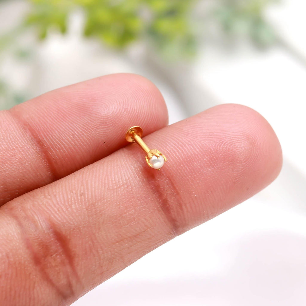 18KT Gold Pearl Nose Pin, Minimal Elegant Nose Stud