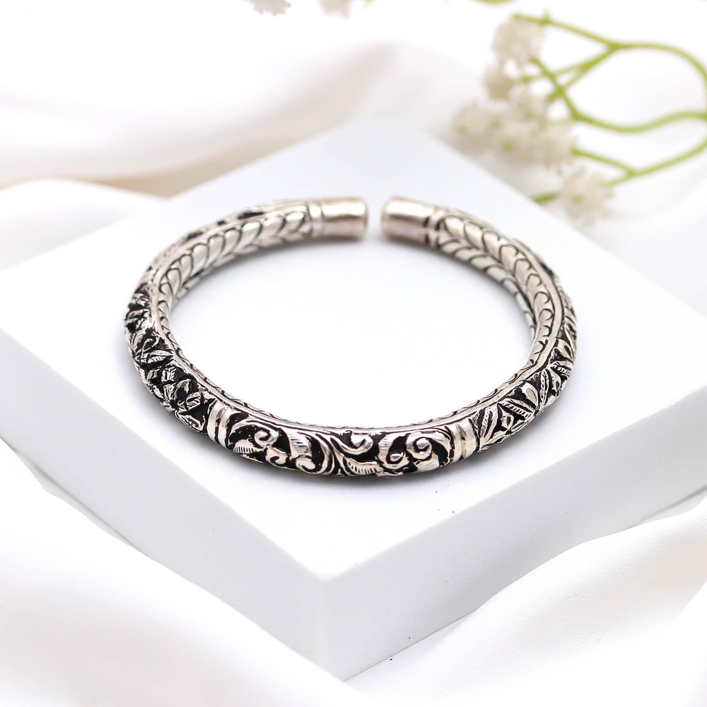 Engraved Floral Sterling Silver Cuff Bangle Handmade Adjustable Bracelet