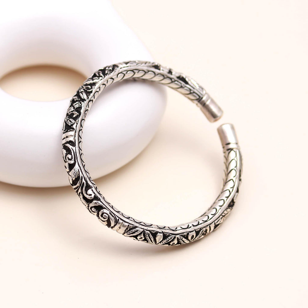 Engraved Floral Sterling Silver Cuff Bangle Handmade Adjustable Bracelet