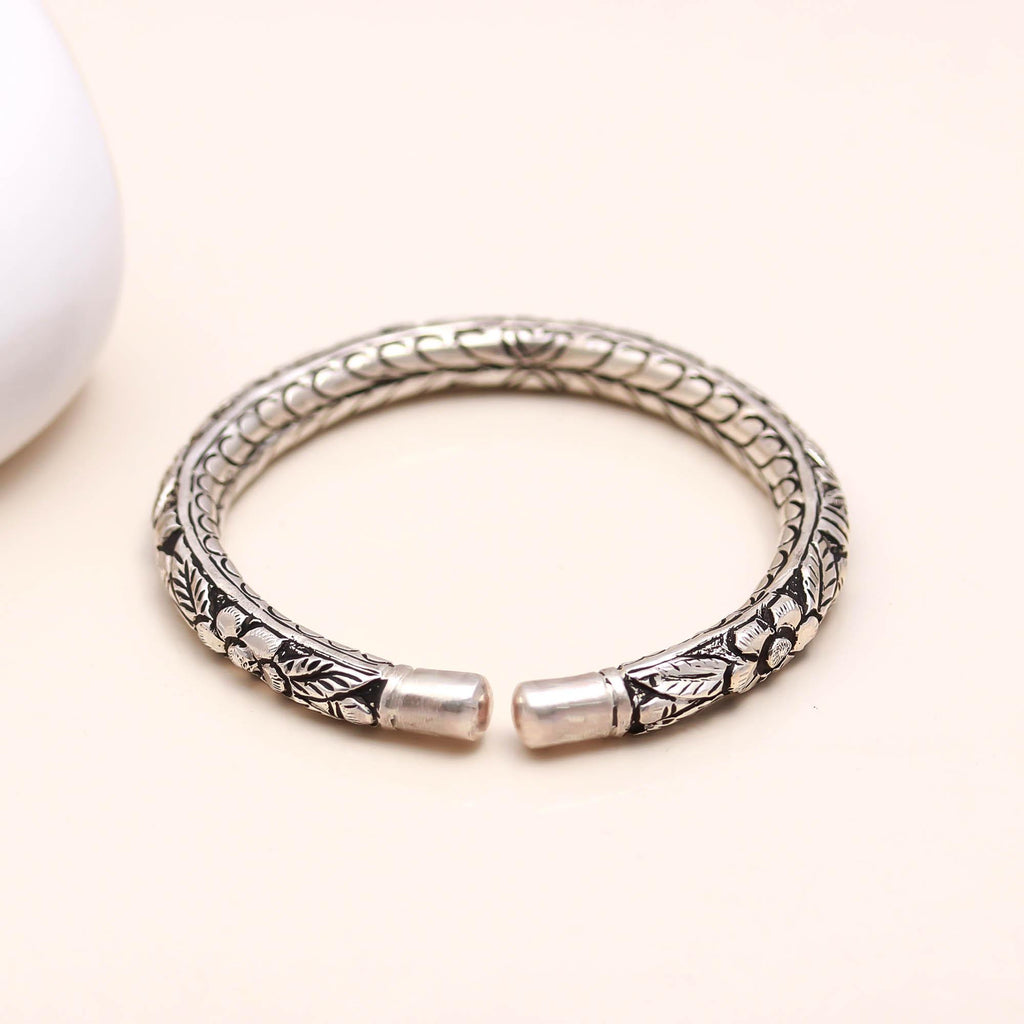 Engraved Floral Sterling Silver Cuff Bangle Handmade Adjustable Bracelet