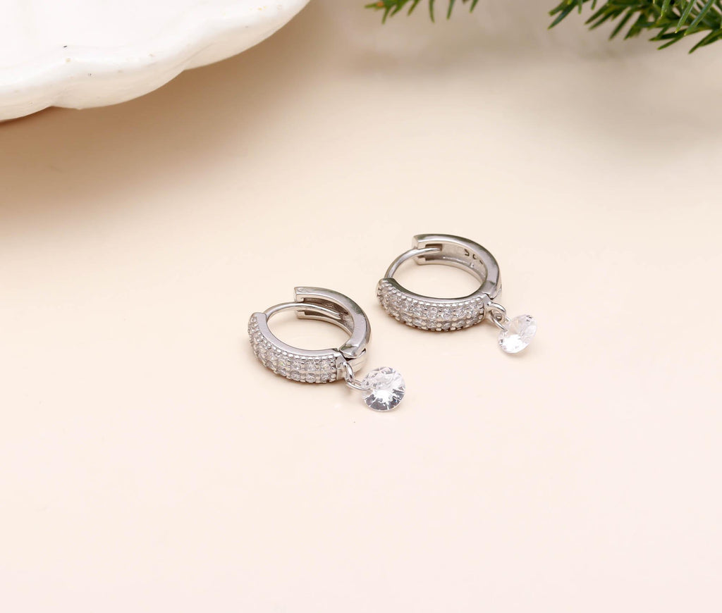 Rhodium-Plated 925 Sterling Silver Huggie Earrings with Round Brilliant Cubic Zirconia