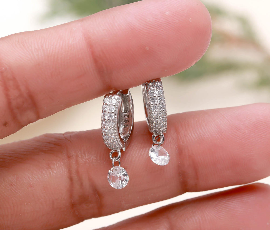 Rhodium-Plated 925 Sterling Silver Huggie Earrings with Round Brilliant Cubic Zirconia
