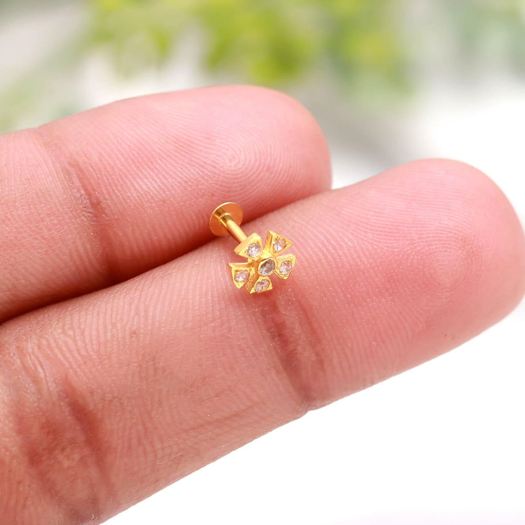 18KT Gold Nose Ring with Round Brilliant CZ Elegant Minimal Design