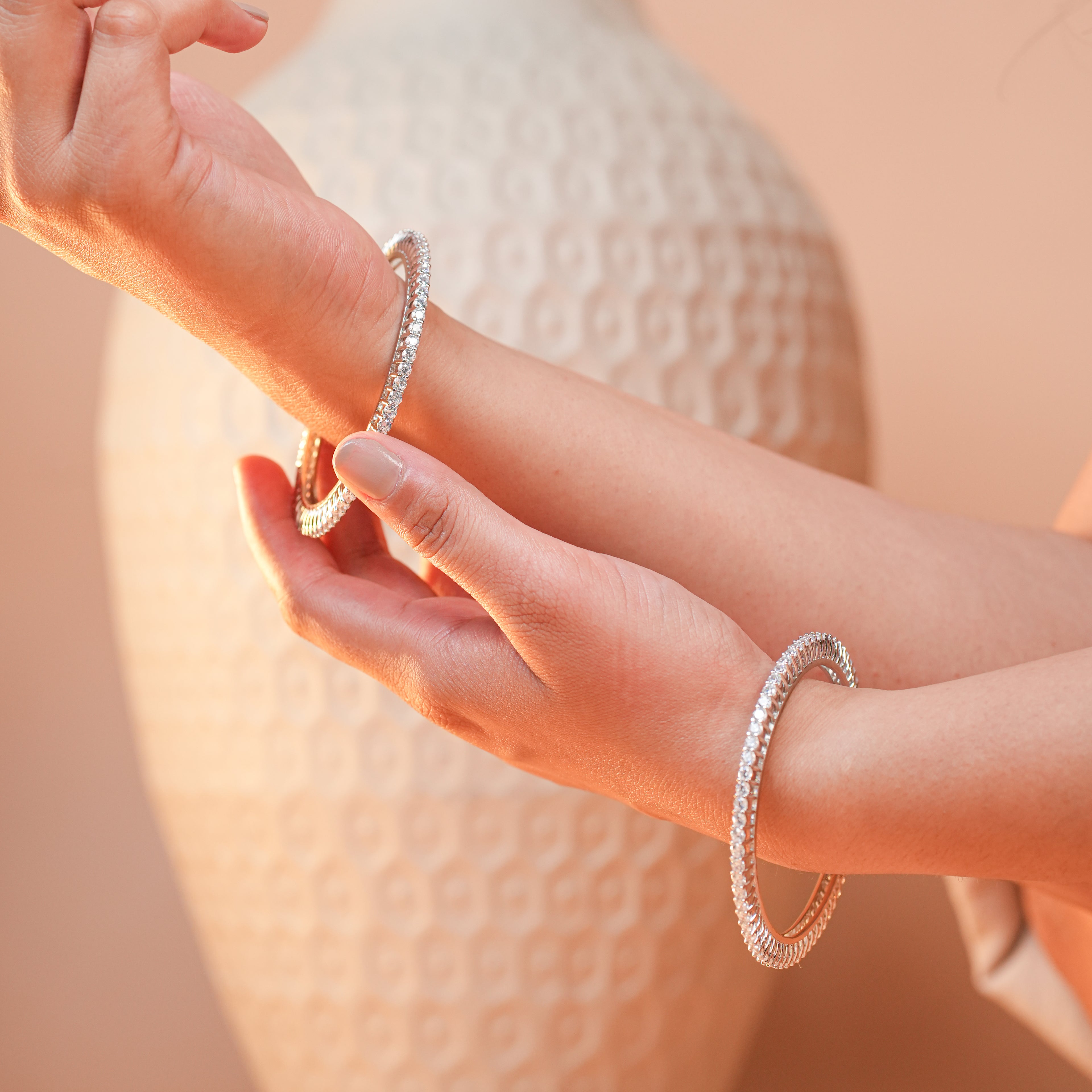 925 Sterling Silver Cubic Zirconia Bangle – Sparkling Round Brilliant, Rhodium Finish