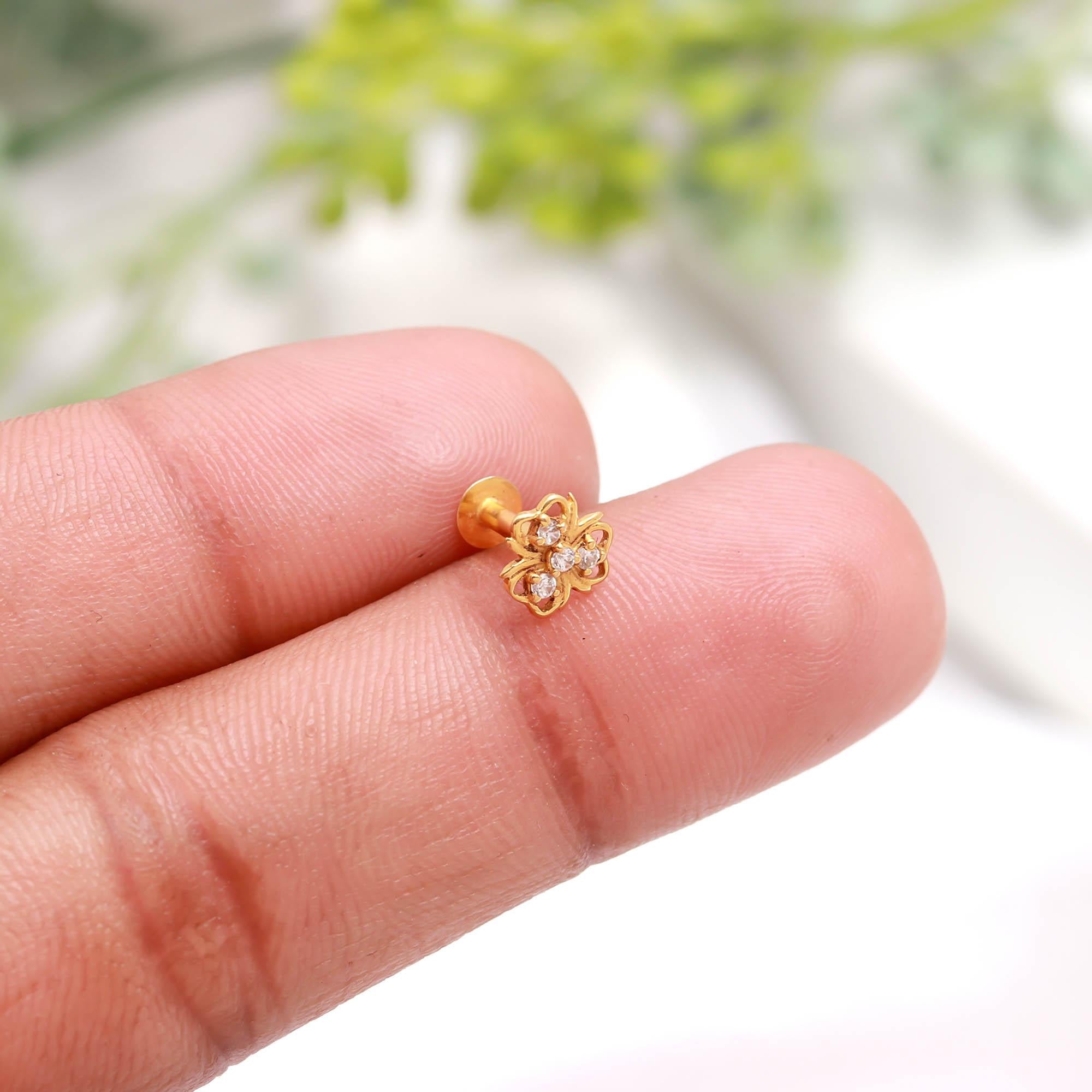18KT Gold Nose Stud, Round Brilliant Cubic Zirconia – Classic Nose Pin Design