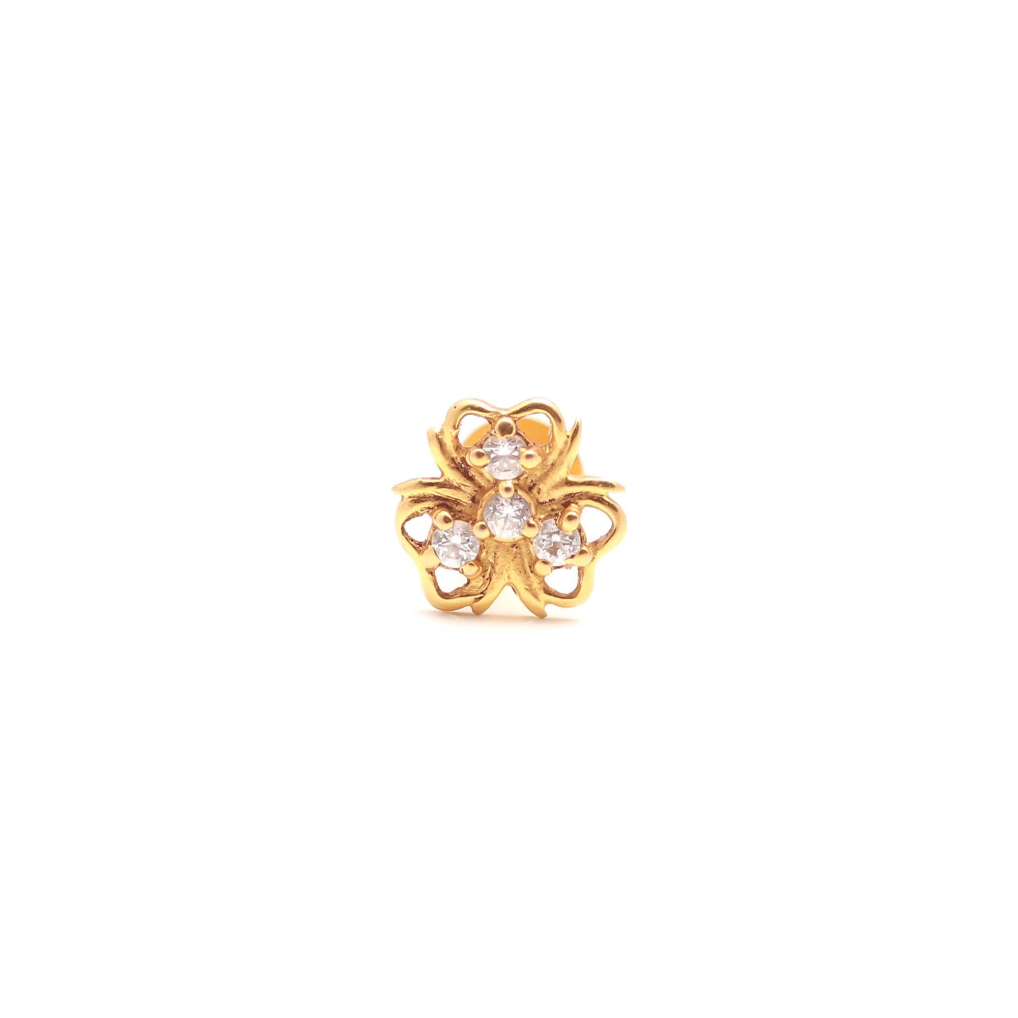 18KT Gold Nose Stud, Round Brilliant Cubic Zirconia – Classic Nose Pin Design