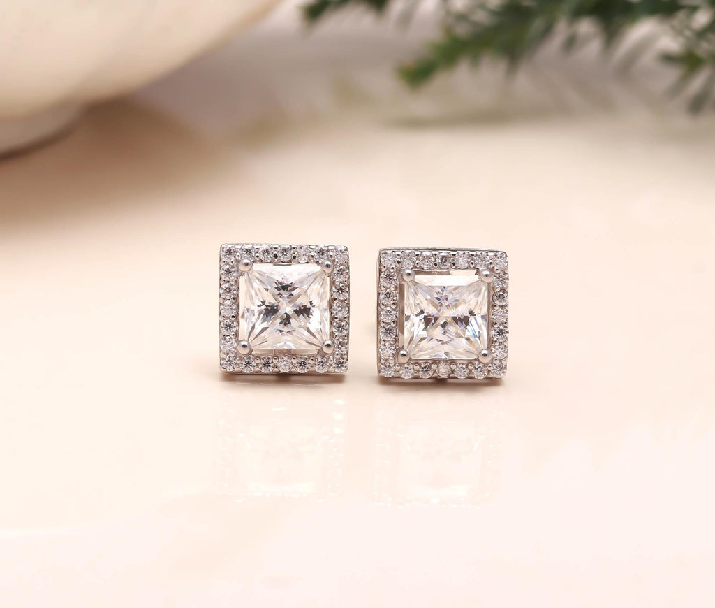 Rhodium-Plated 925 Sterling Silver Moissanite Princess Cut Stud Earrings Party Wear
