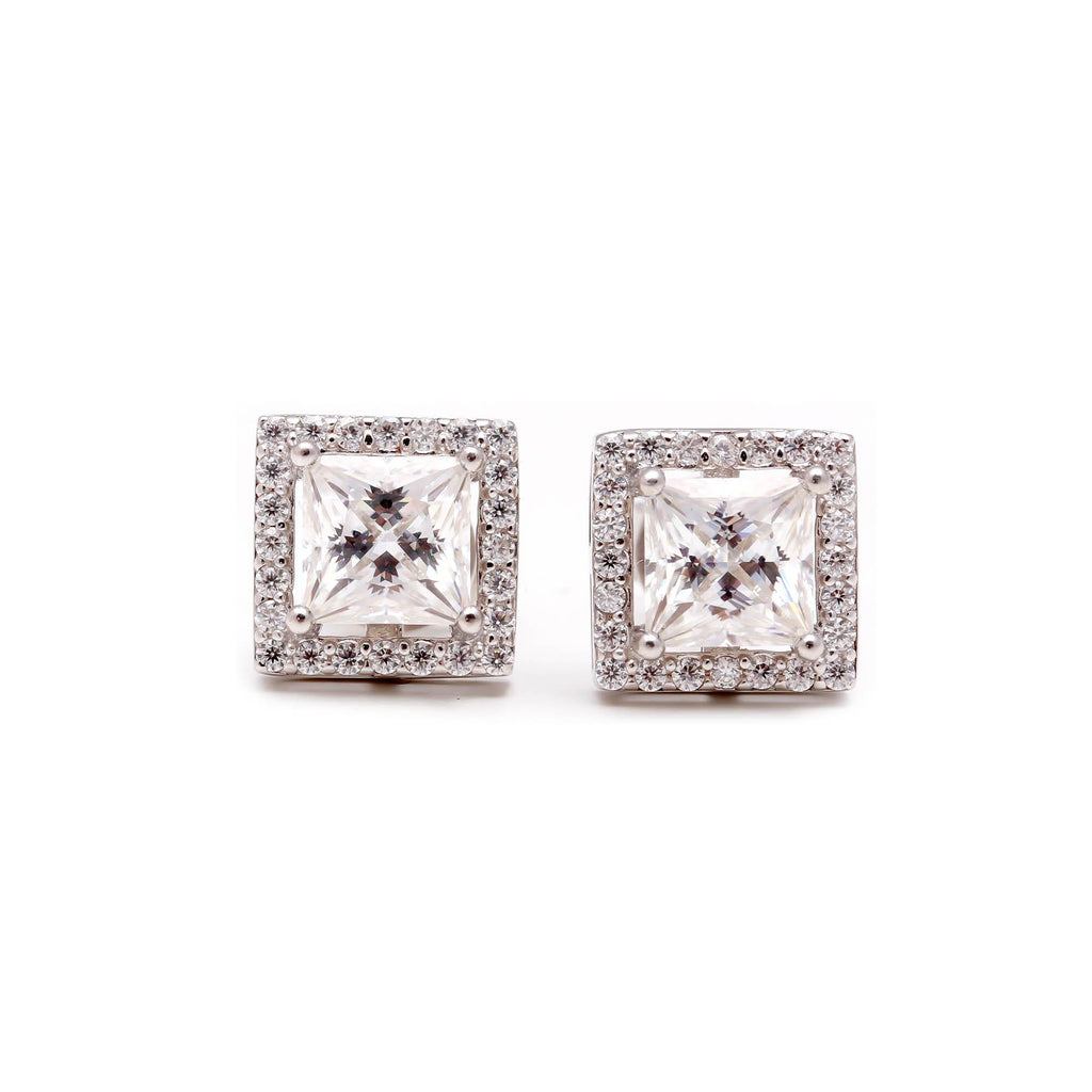 Rhodium-Plated 925 Sterling Silver Moissanite Princess Cut Stud Earrings Party Wear