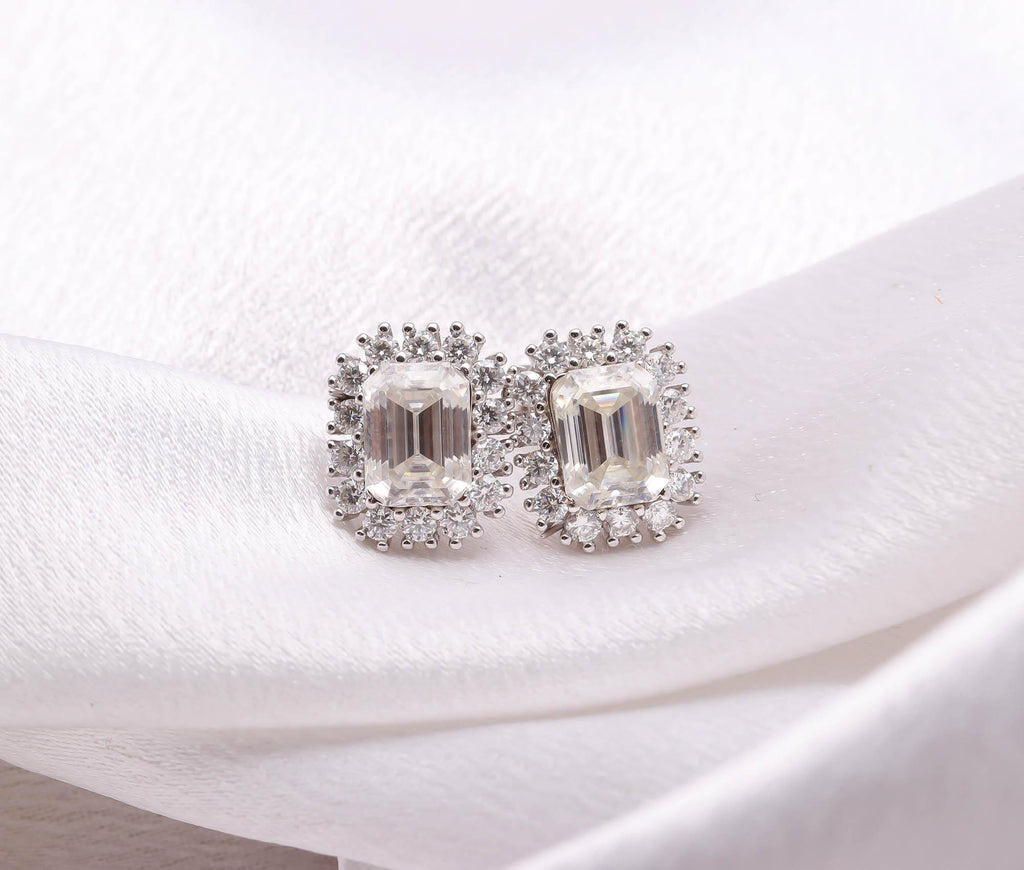 925 Sterling Silver Rhodium Earrings Rectangle Cut Moissanite Studs Small Studs