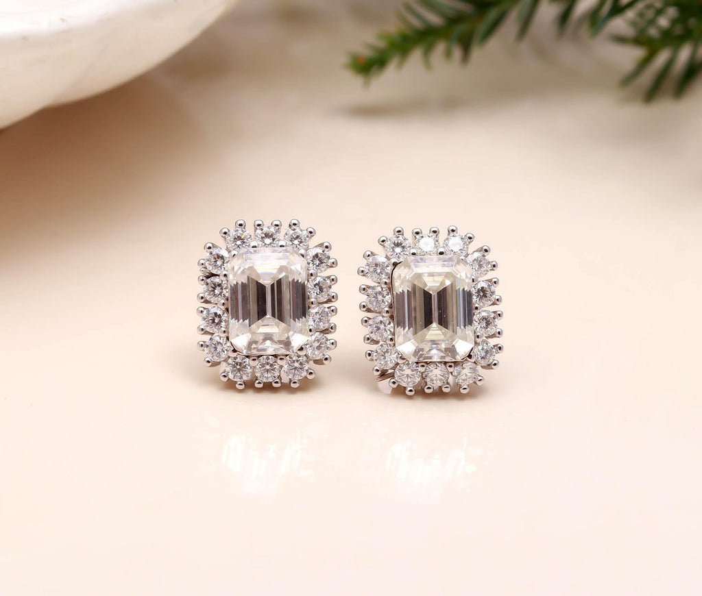 925 Sterling Silver Rhodium Earrings Rectangle Cut Moissanite Studs Small Studs