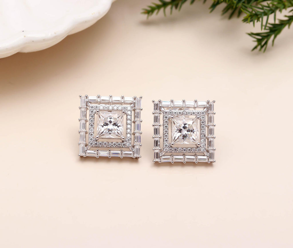 Rhodium-Plated 925 Sterling Silver Moissanite Princess Cut Stud Earrings Gift for Her