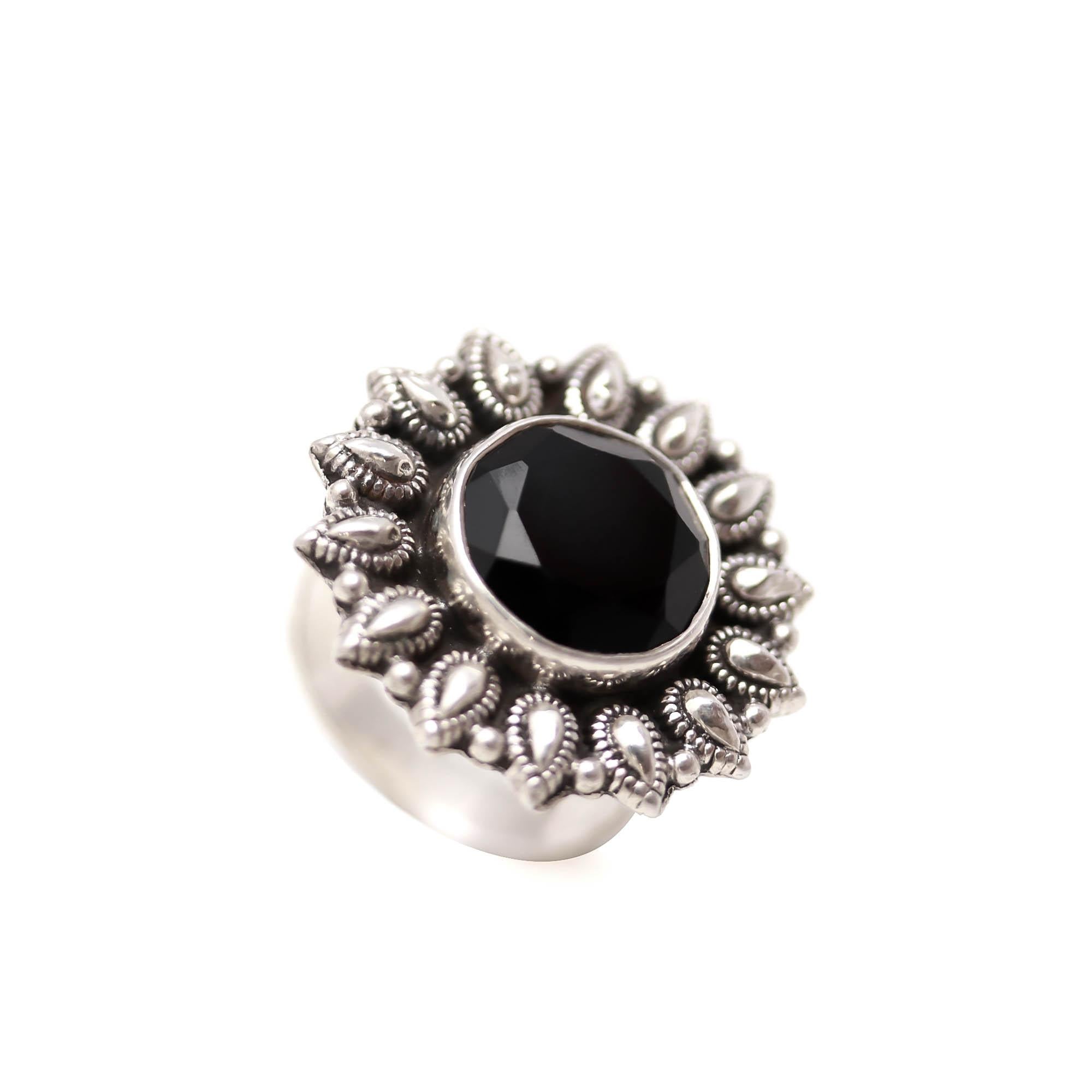 925 Sterling Silver Black Onyx Ring – Round Brilliant Stone with Oxidised Turkish Finish