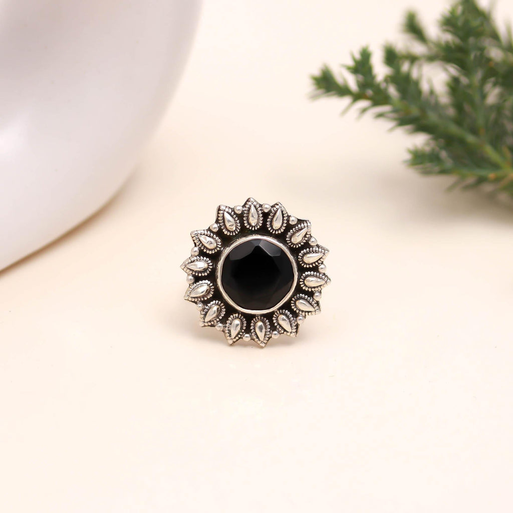 925 Sterling Silver Black Onyx Ring – Round Brilliant Stone with Oxidised Turkish Finish