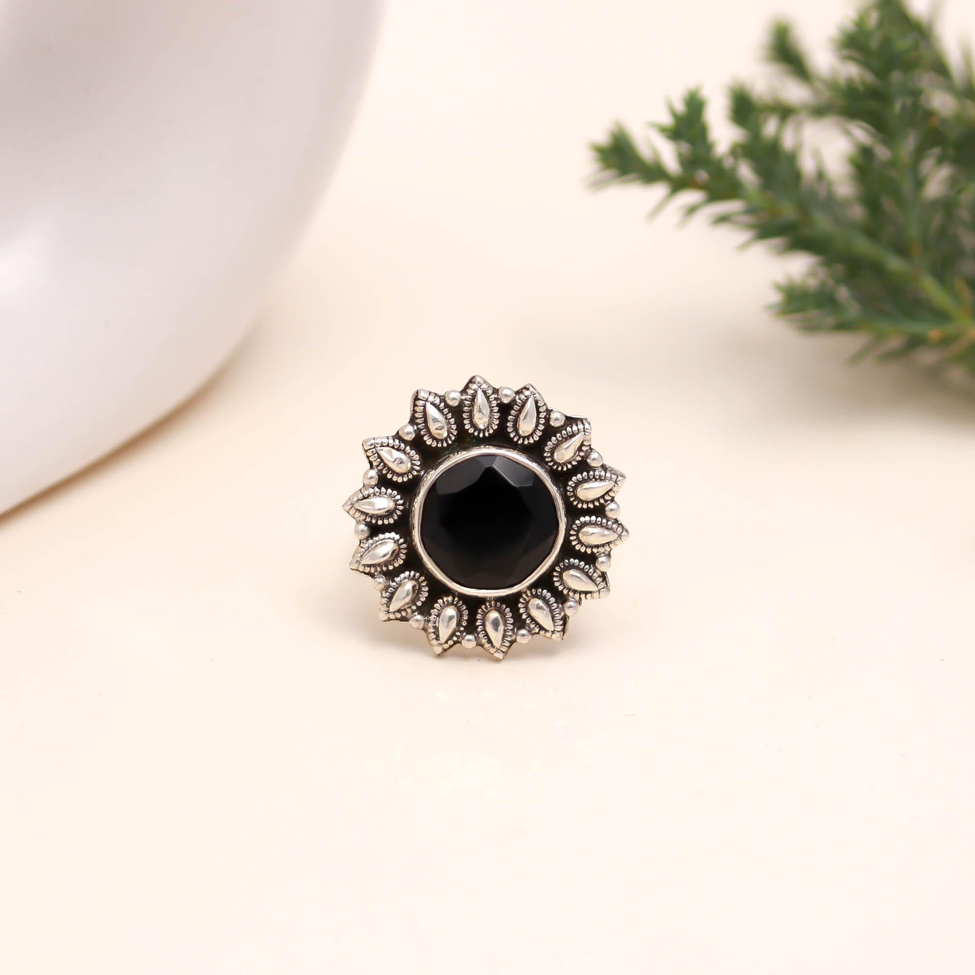 925 Sterling Silver Black Onyx Ring – Round Brilliant Stone with Oxidised Turkish Finish