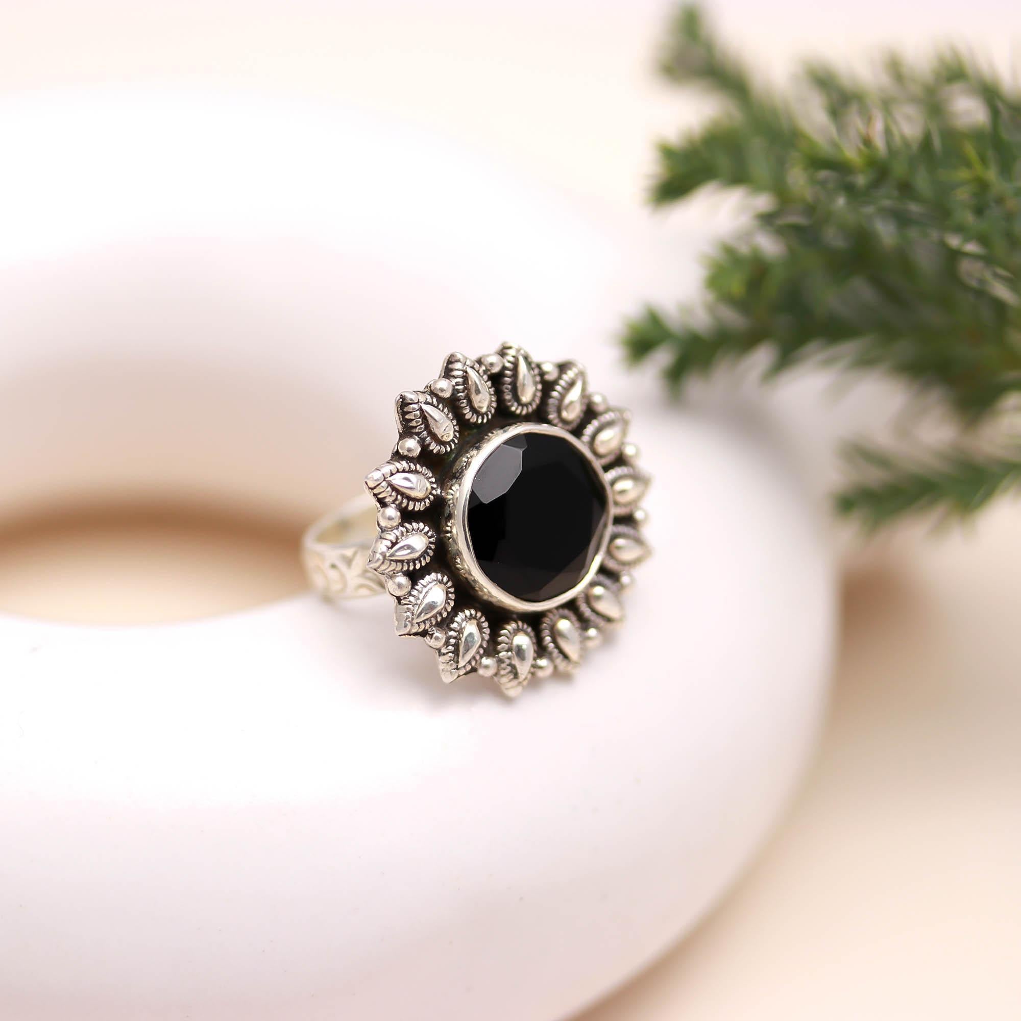 925 Sterling Silver Black Onyx Ring – Round Brilliant Stone with Oxidised Turkish Finish