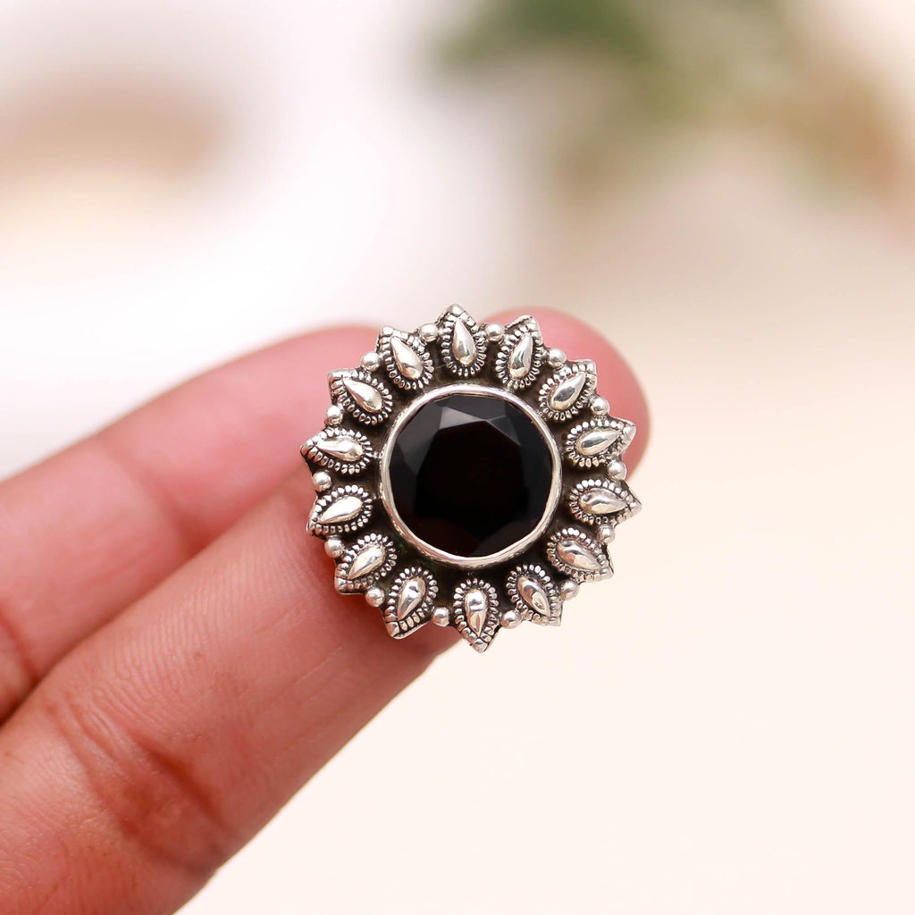 925 Sterling Silver Black Onyx Ring – Round Brilliant Stone with Oxidised Turkish Finish