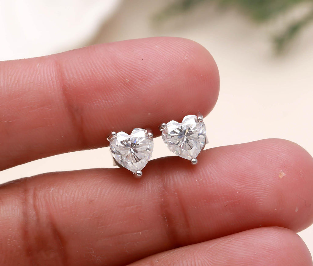 Heart Moissanite Stud Earrings for Women Sterling Silver Rhodium-Plated Small Studs