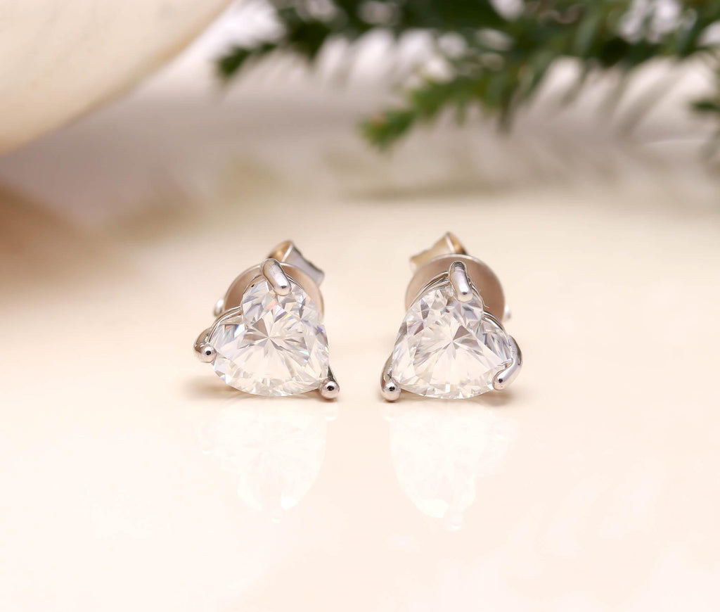 Heart Moissanite Stud Earrings for Women Sterling Silver Rhodium-Plated Small Studs