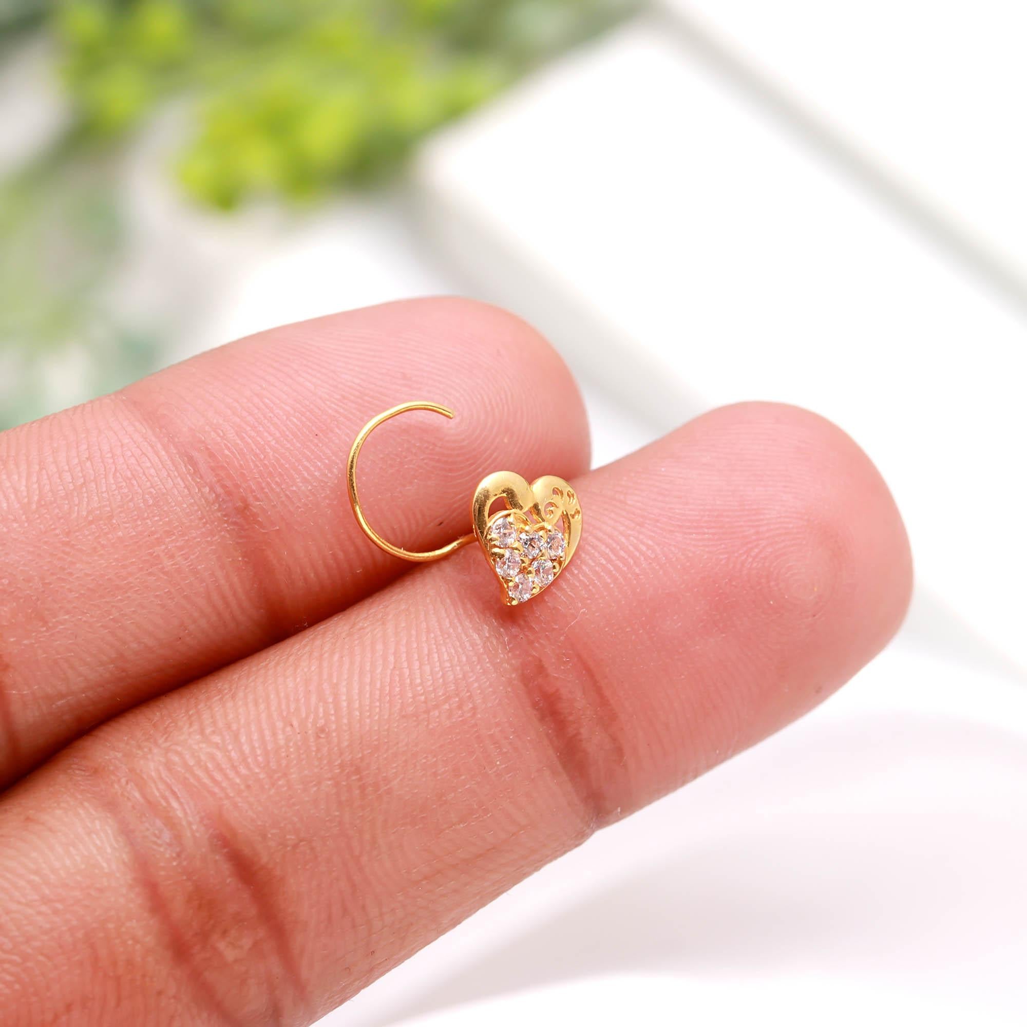 18K Gold Round CZ Nose Stud – Classic Tiny Heart Shape Gold Nose Jewelry