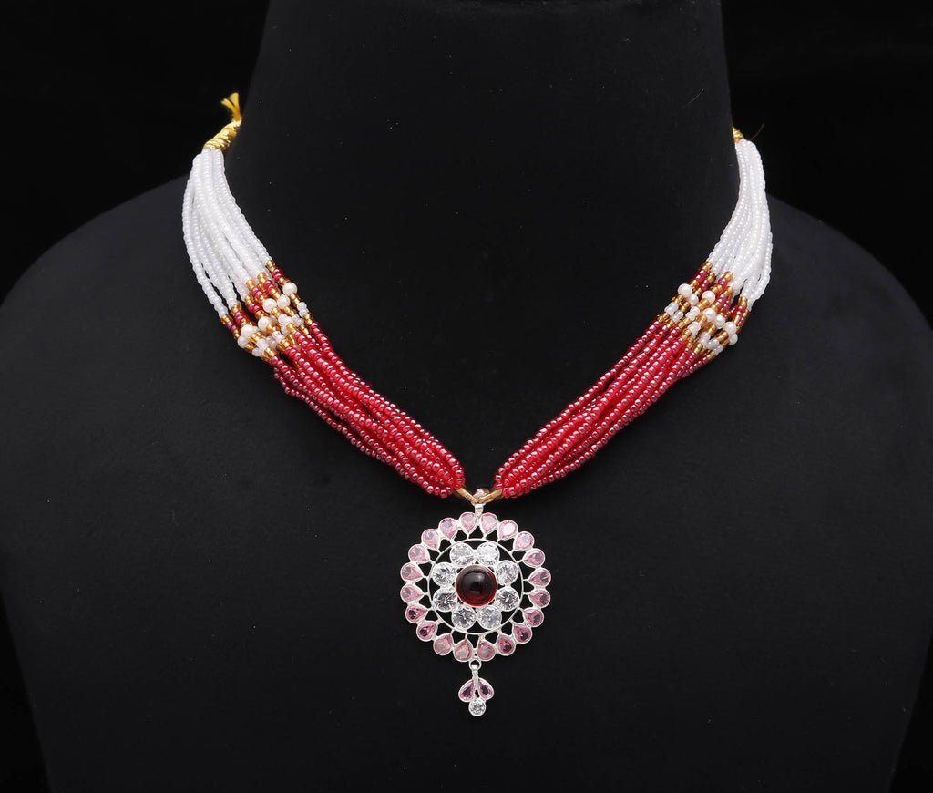 Premium 925 Silver Necklace with Sparkling Round CZ & Rhodium Shine Beads Necklace