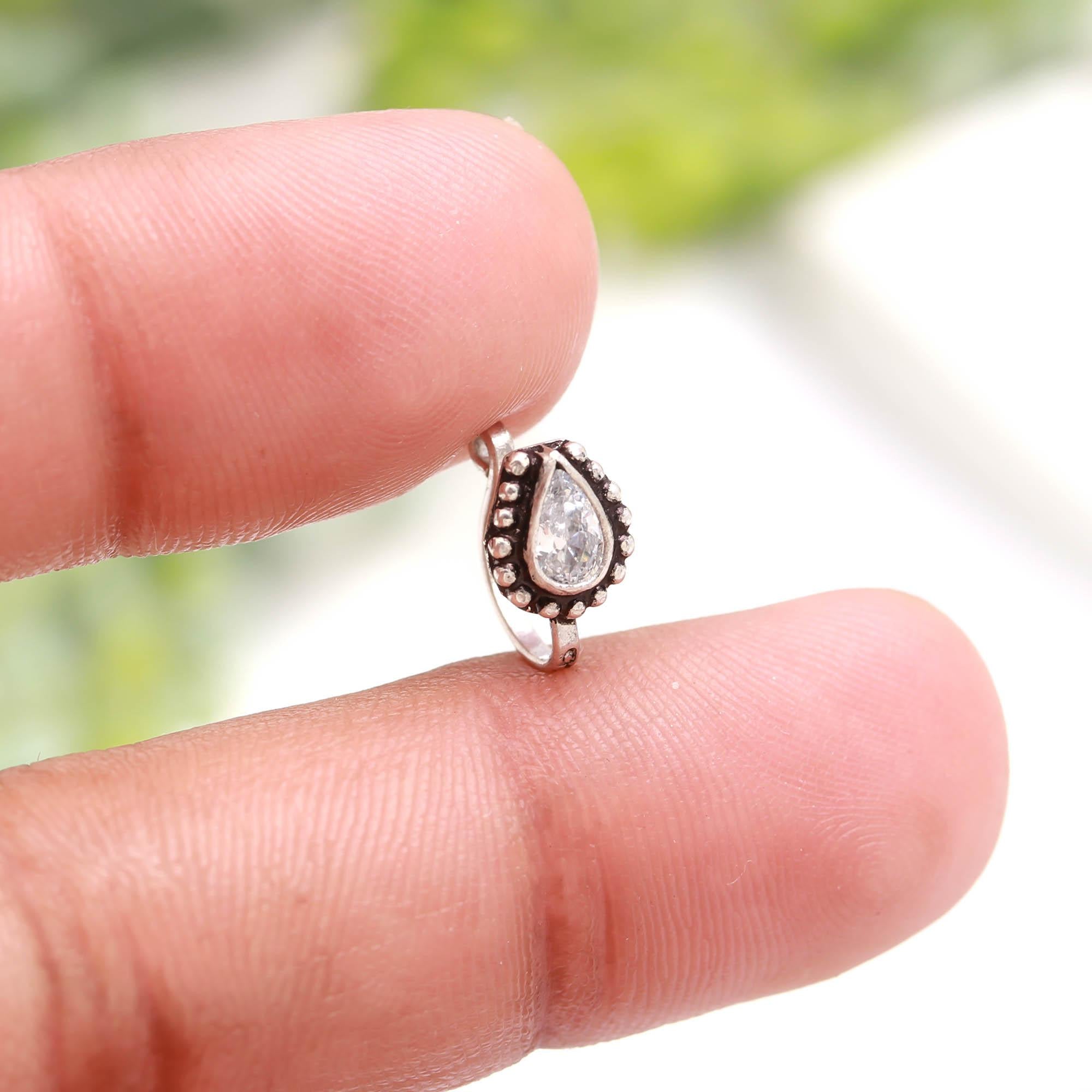 925 Silver CZ Tear Drop Nose Ring | Oxidised Turkish Look