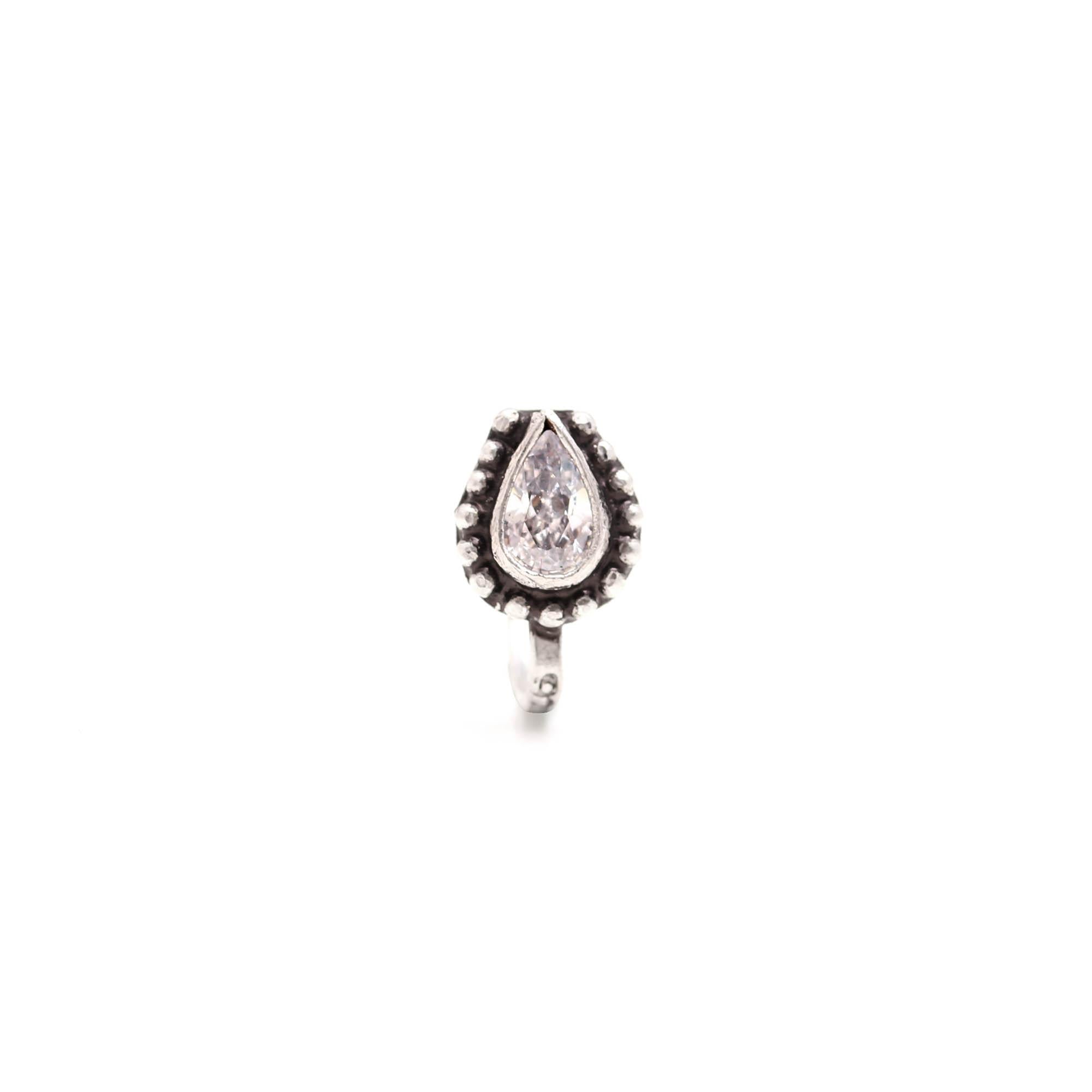 925 Silver CZ Tear Drop Nose Ring | Oxidised Turkish Look
