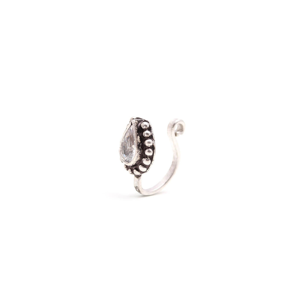925 Silver CZ Tear Drop Nose Ring | Oxidised Turkish Look