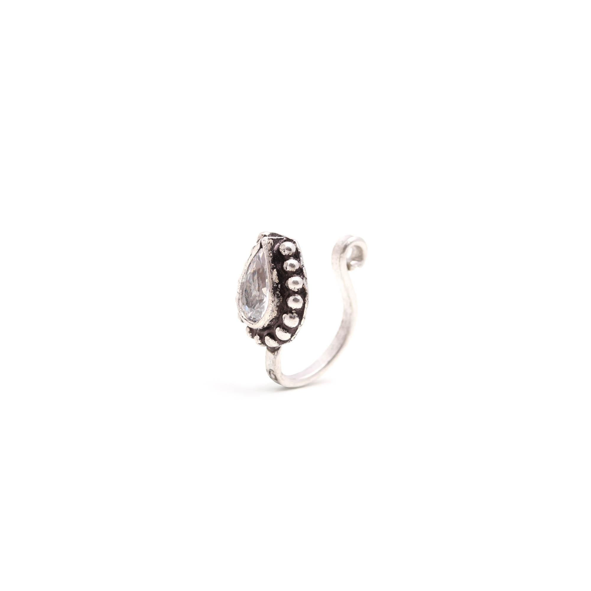 925 Silver CZ Tear Drop Nose Ring | Oxidised Turkish Look