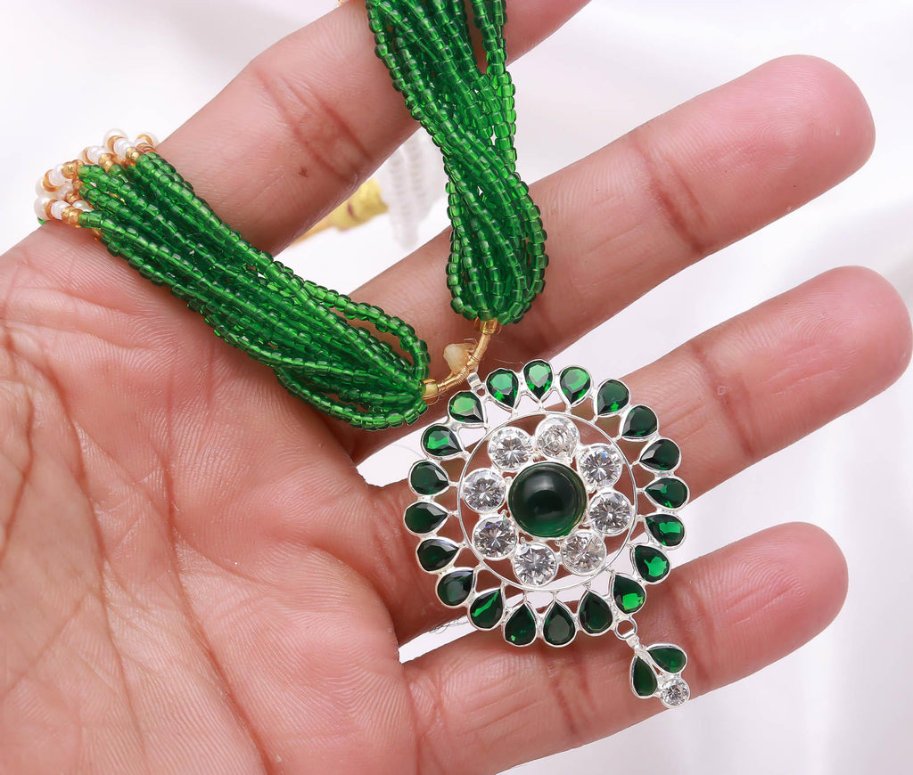 925 Silver Necklace with High-Grade CZ Stone & Modern Rhodium Touch Beads Chain