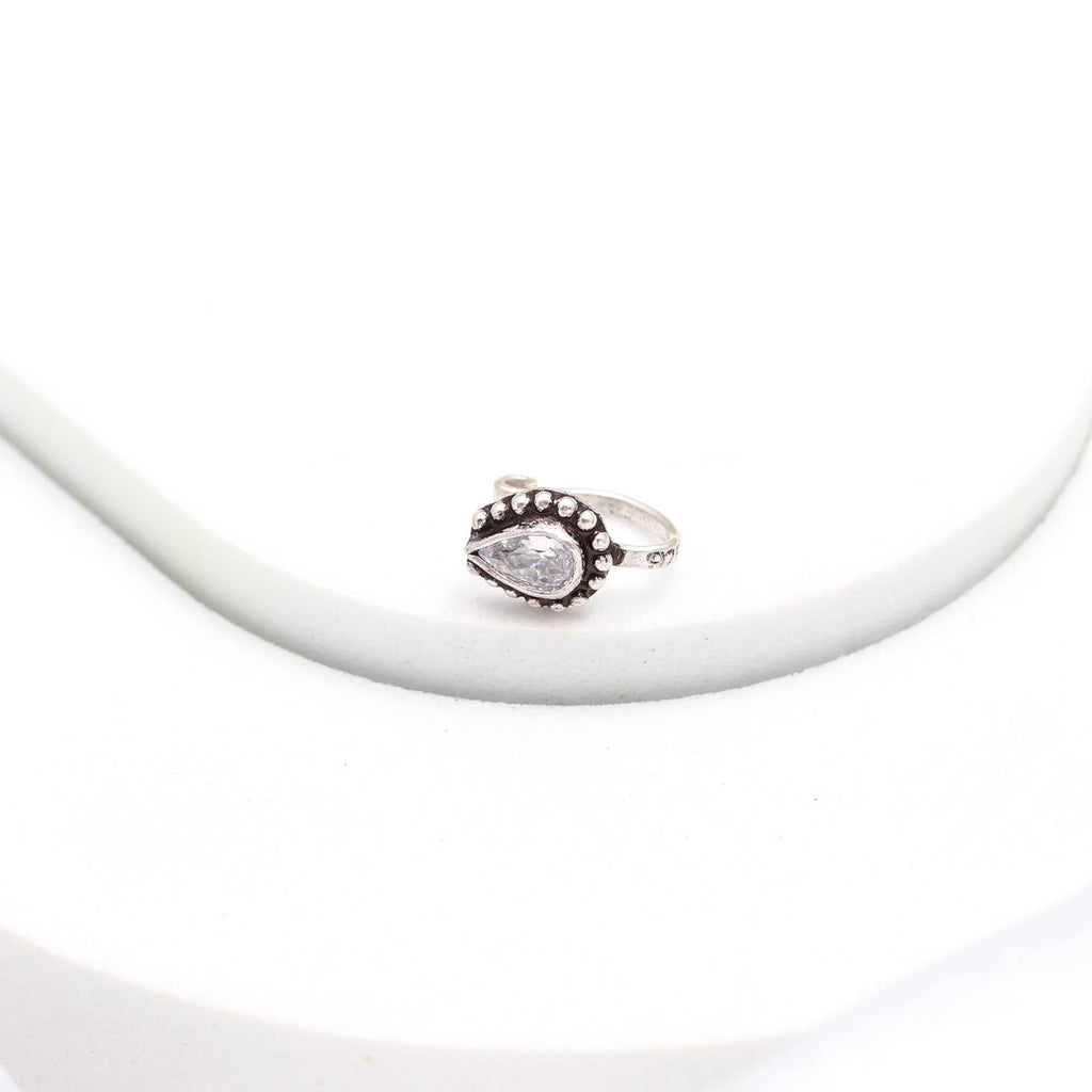925 Silver CZ Tear Drop Nose Ring | Oxidised Turkish Look