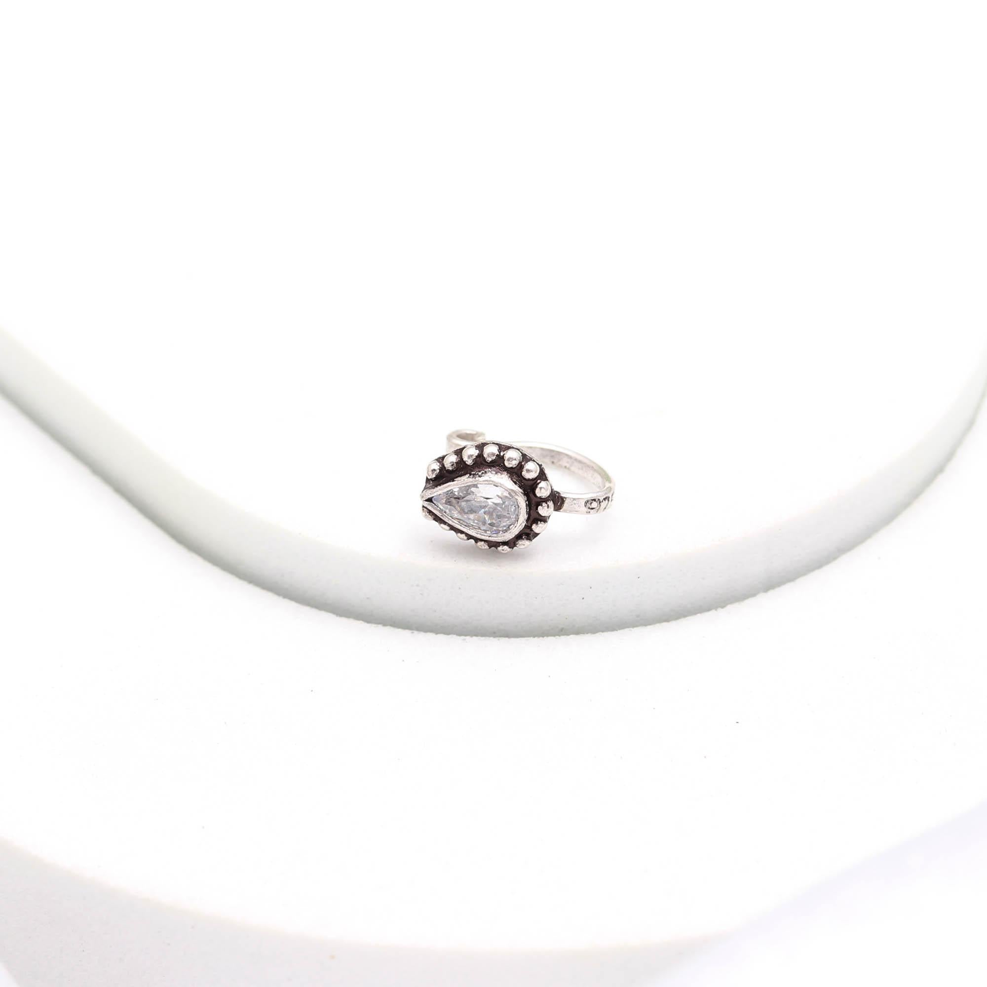 925 Silver CZ Tear Drop Nose Ring | Oxidised Turkish Look